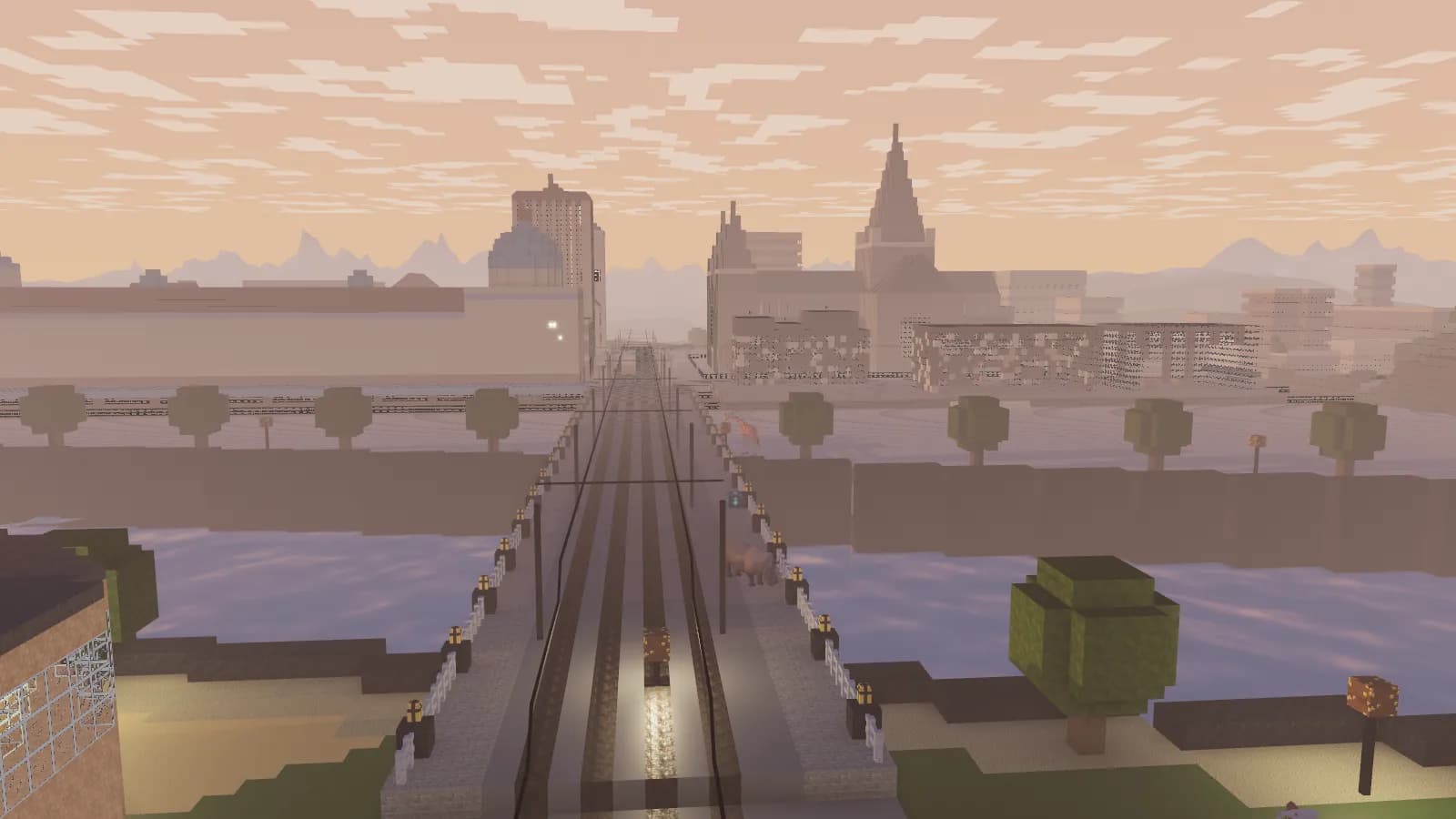 A lamplit bridge crossing a river towards a hazy voxel skyline, with a giraffe standing on the deck