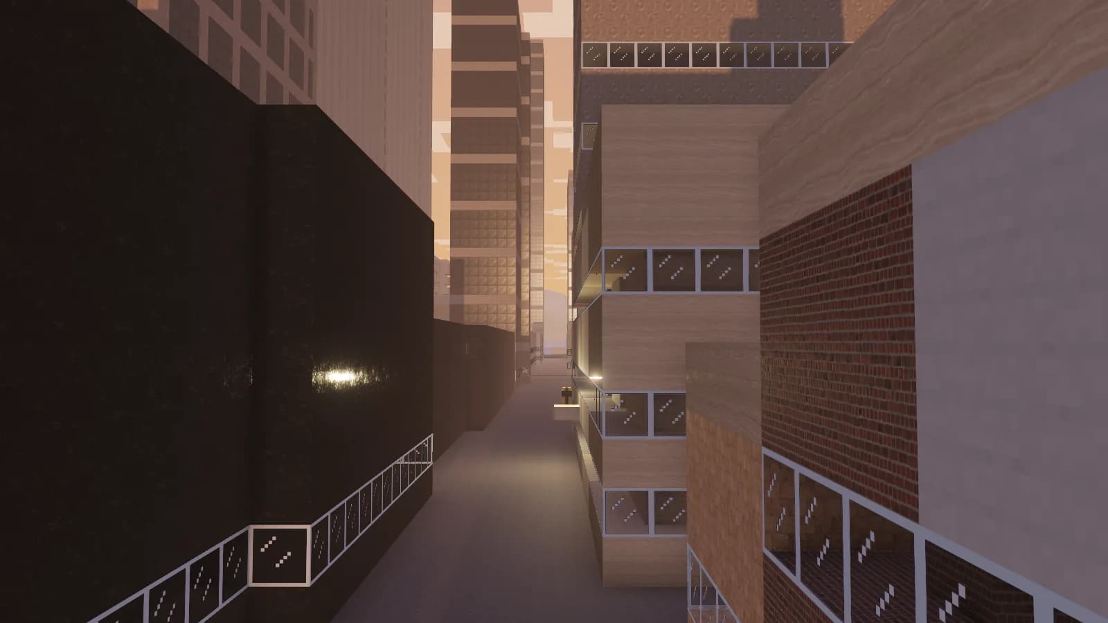 A narrow laneway between brick, stone and glass buildings at dusk