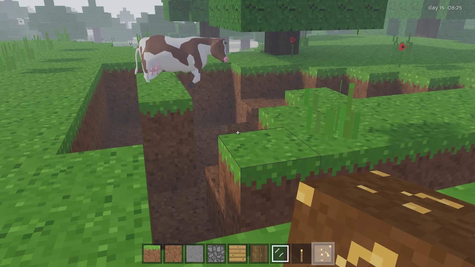 Animal Crossfire screenshot: a cow standing at the edge of a freshly dug pit in a voxel pasture
