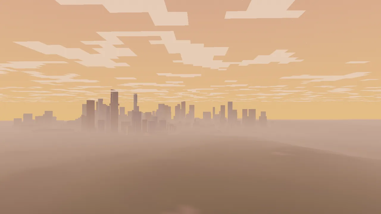 A hazy city skyline standing on the horizon at dusk under an orange sky