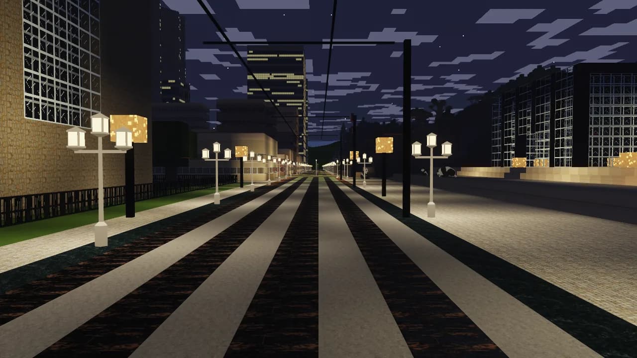 A night boulevard lined with glowing twin lamp posts, tram tracks running towards lit towers