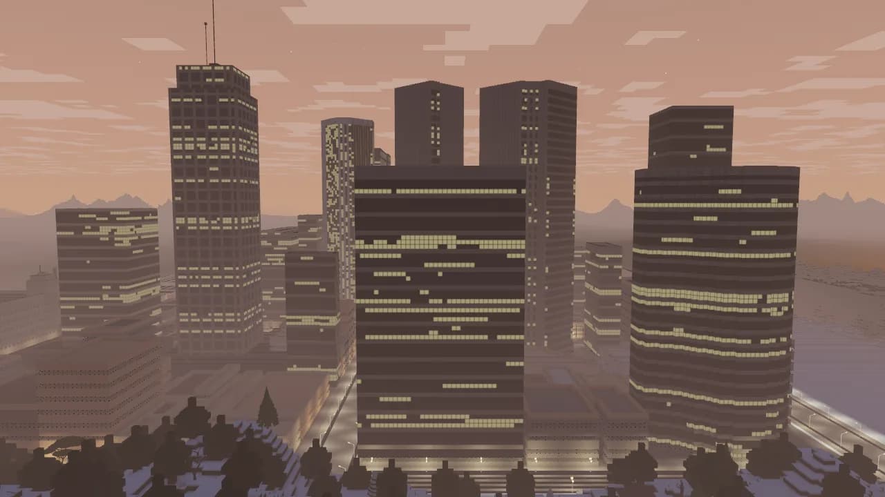 Towers with windows lit gold at dusk under a pink sky, street lamps glowing below