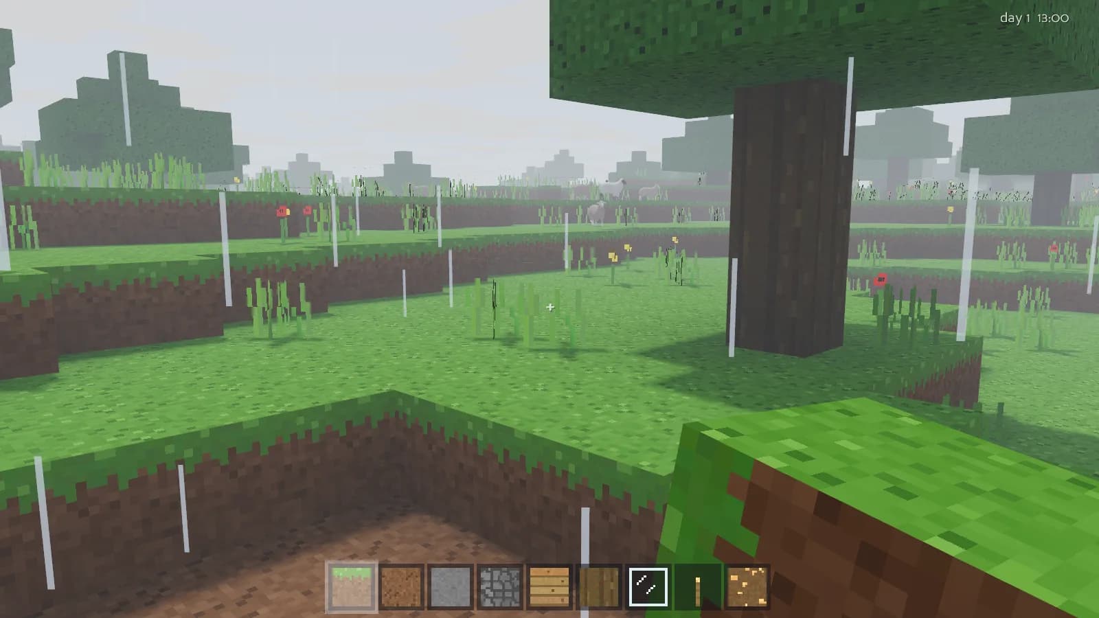 Animal Crossfire screenshot: rain streaking over voxel plains with sheep grazing in the distance
