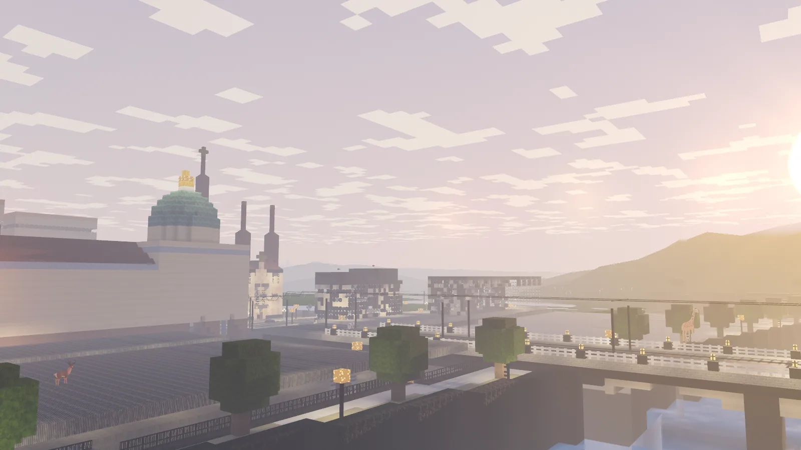 Sunrise over the voxel river beside the station dome, a deer in the rail yard and a giraffe crossing the bridge