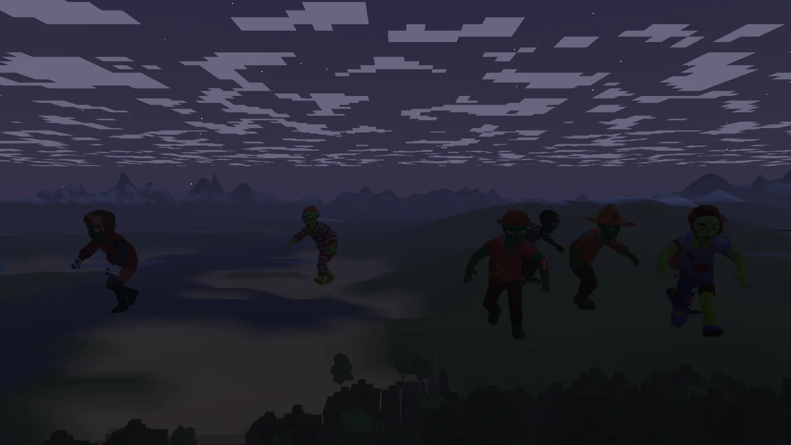 Six costumed zombies charging across dark grassland under a clouded night sky
