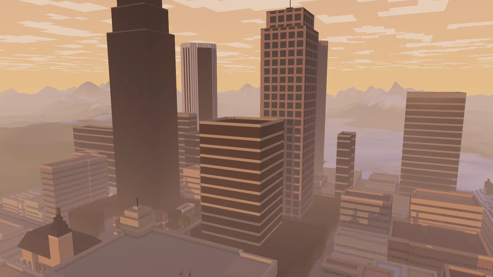 Animal Crossfire screenshot: a voxel city of towers at golden hour with hazy mountains behind it