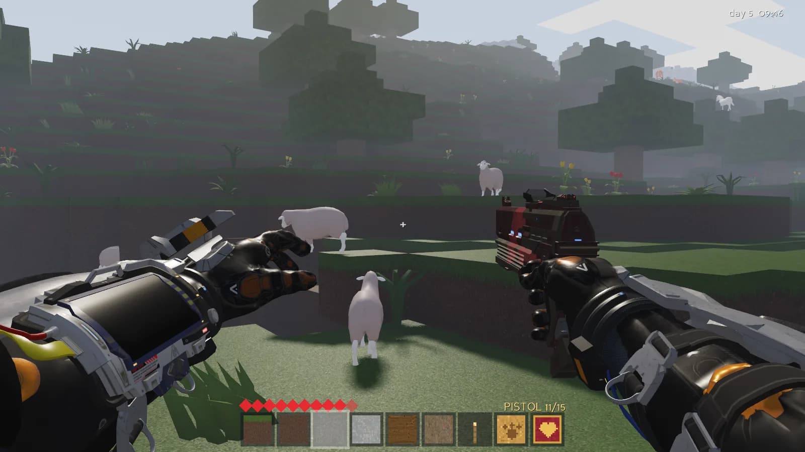 Animal Crossfire screenshot: first person view of armoured hands holding a sci-fi pistol, facing sheep on a grassy voxel hillside