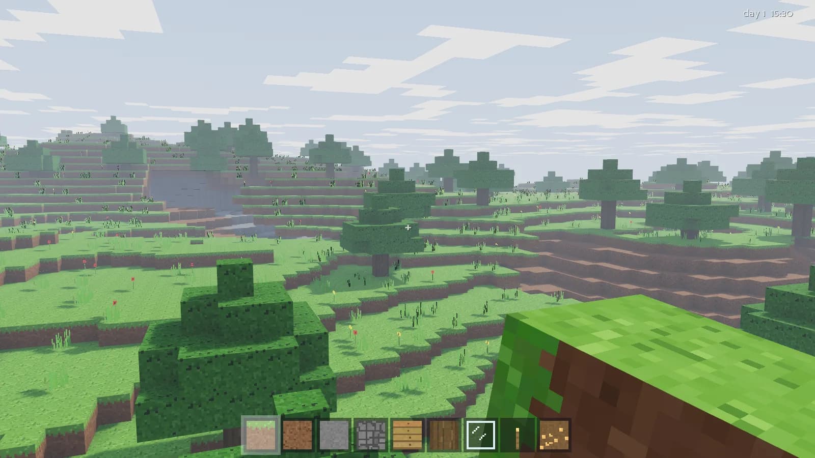 Sunlit voxel plains with trees, flowers and a river under drifting clouds